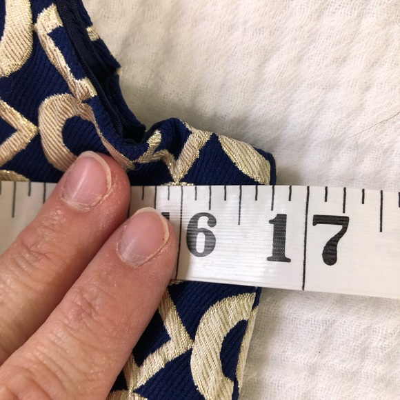 Lauren Ralph Lauren Navy Blue Metallic Gold Jacquard Dress Geometric Pattern - Picture 14 of 16